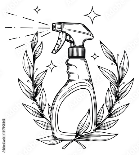 Cleaning spray bottle with leaves and sparkles hand drawn outline illustration