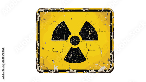 A weathered radiation warning sign displays the universal biohazard symbol, cautioning against exposure to dangerous radioactive materials.