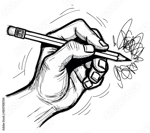 Hand drawn hand holding pencil with scribbles sketch