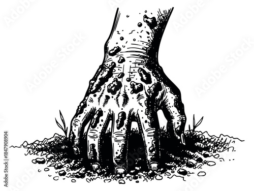 Hand drawn zombie hand with dirt and grass black and white line art
