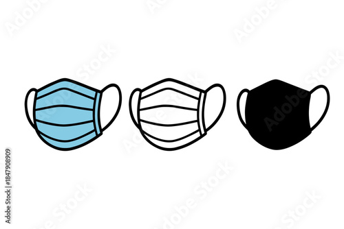 Three colored face masks: blue, white, black variants for health and safety