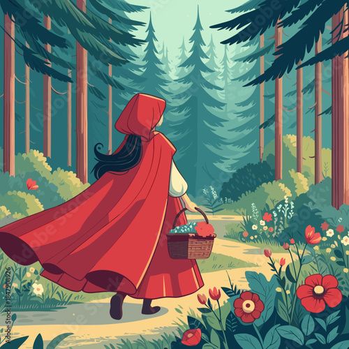 Girl in a red cloak walking through a forest, whimsical mood, carrying a basket, colorful flowers, copy space