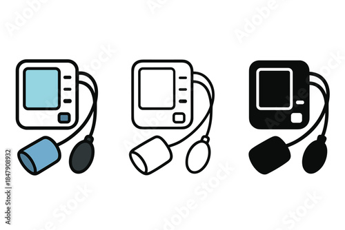 Blood pressure monitors icon set in three styles: color, outline, and silhouette