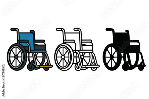 Wheelchair icon set: blue, outline, silhouette variations for accessibility design