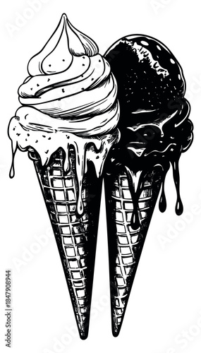 Vintage ice cream cone set with soft serve and scoop black and white line art