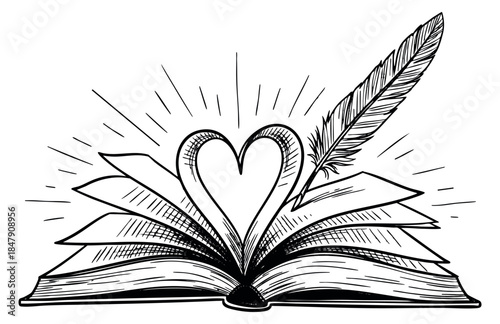 Hand drawn open book icon set with heart and feather pen hand drawn outline illustration