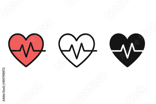 Heart rate icon set: red, white, black hearts with pulse line art design