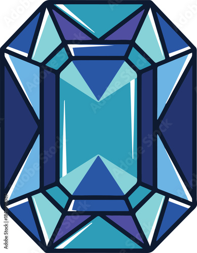 Vector illustration of a shiny blue rectangular gemstone with geometric facets, resembling a sapphire or aquamarine,