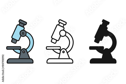 Vector icons of microscopes in colorful, outline, and silhouette styles