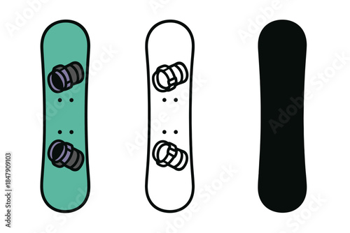 Three snowboards with bindings on white background: green, white, and black designs
