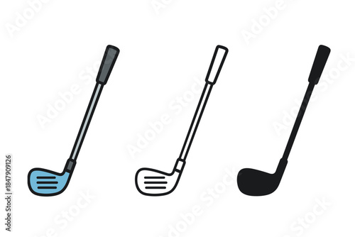 Set of three golf clubs in colorful, outline, and silhouette styles