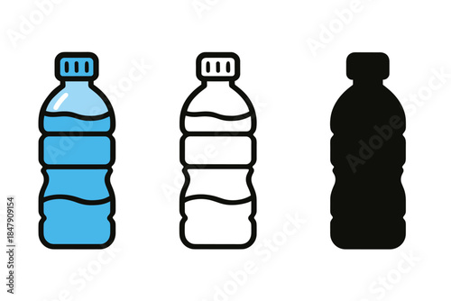 Three plastic water bottles icons: blue, outline, and silhouette design