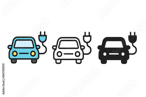 Electric car charging icons in blue, outline, and black styles
