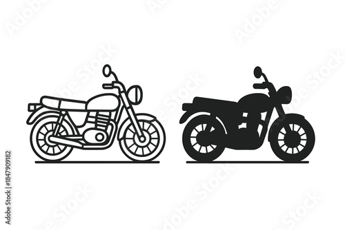 Classic and modern motorcycles: side-by-side illustrations in black and white