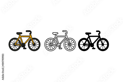 Yellow, white, and black bicycles on white background silhouette