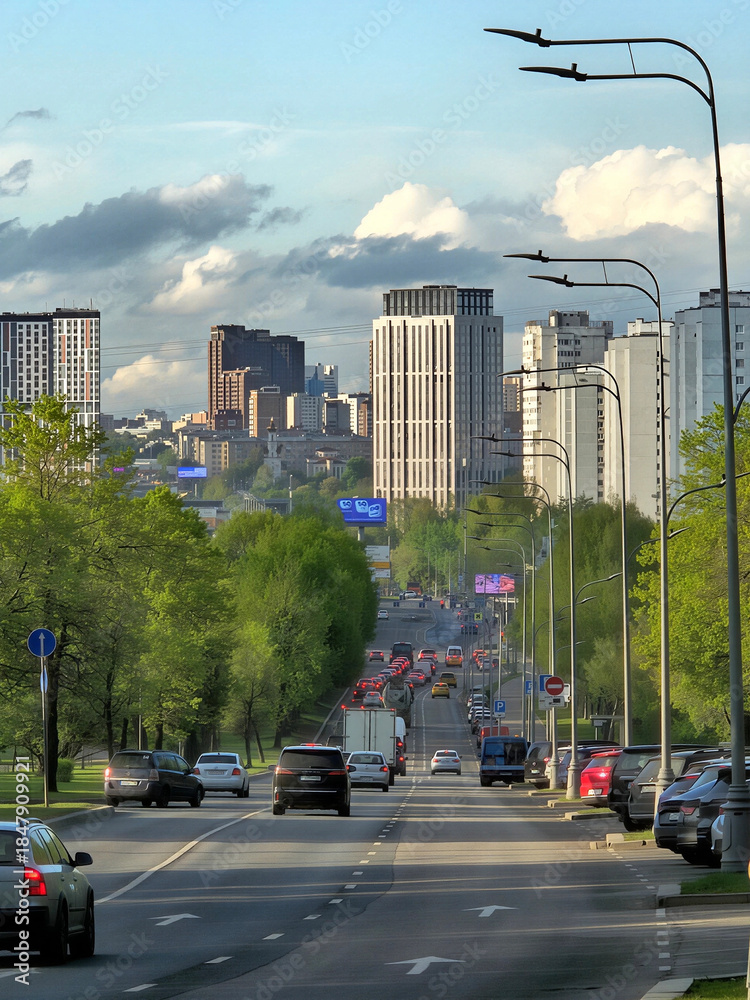 Fototapeta premium Busy city street with cars and a tall building in the background. There are also street lights and a few trees