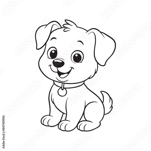 Cute cartoon puppy dog with collar sitting happily, a sweet and friendly canine illustration