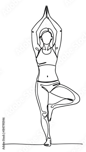 Minimal woman yoga pose icon set with tree pose hand drawn outline illustration