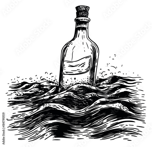 Vintage bottle in water illustration