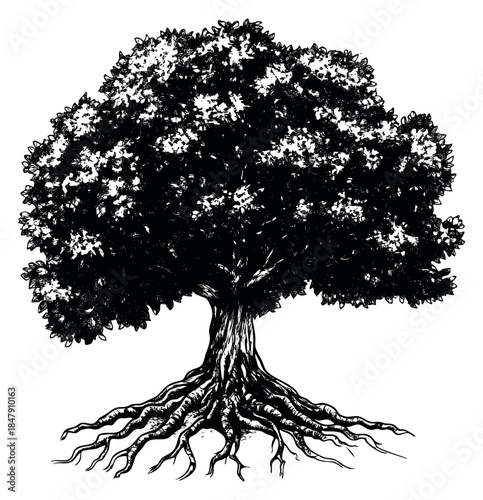 Vintage tree illustration with roots hand drawn sketch