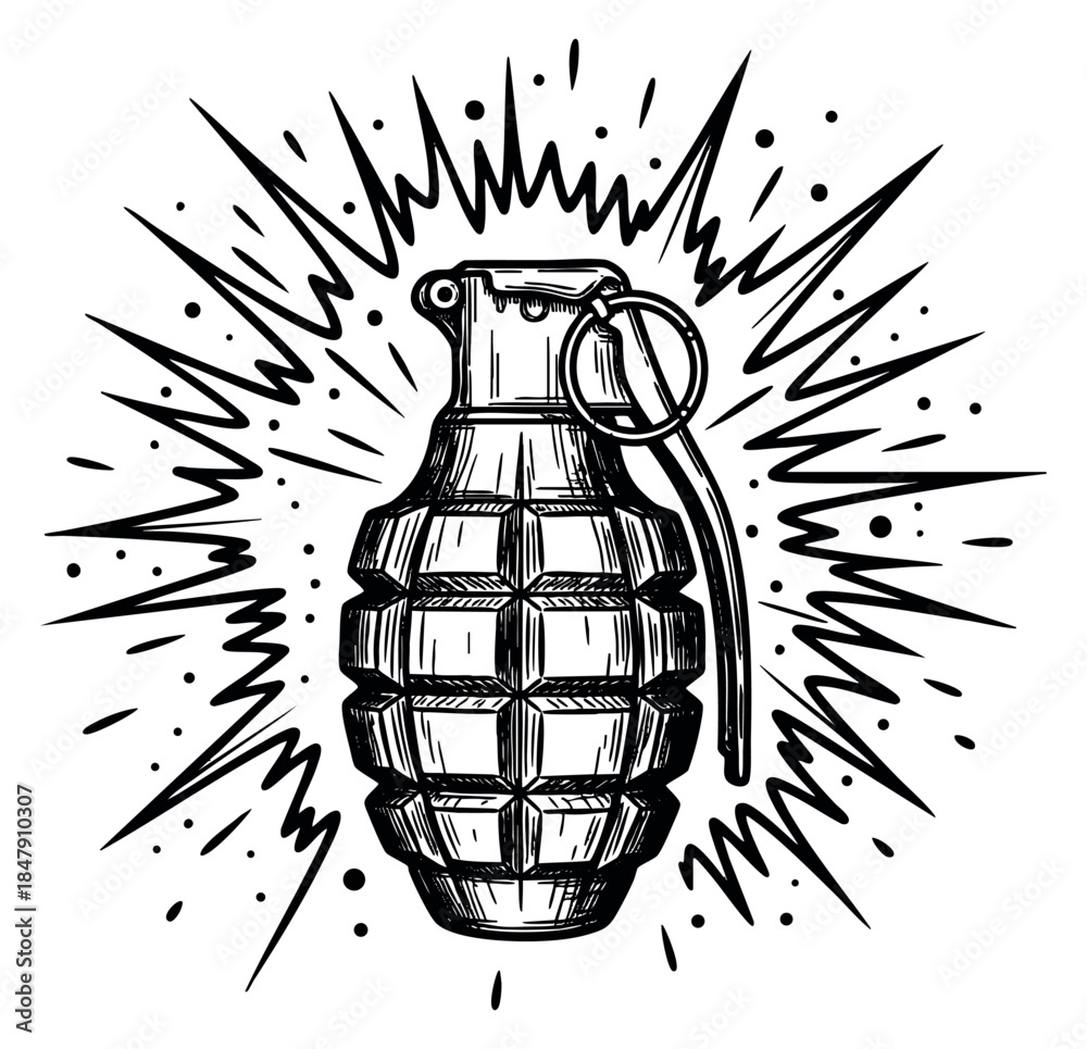 Obraz premium Hand drawn grenade illustration with explosion lines