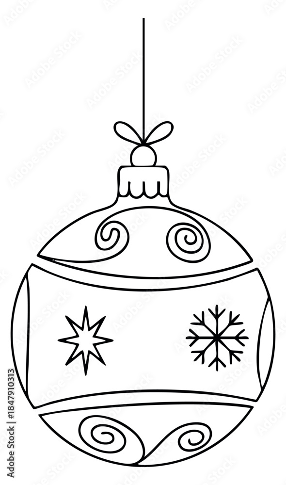 Fototapeta premium Christmas bauble icon with star and snowflake hand drawn outline illustration