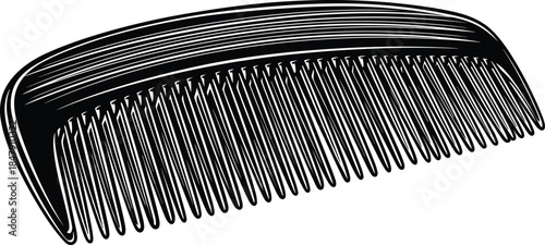 Comb illustration, black and white, grooming tool, hair styling, curved comb, fine teeth, bold lines, hygiene, accessory, barber, salon, minimal design, vector art, detangling comb, 