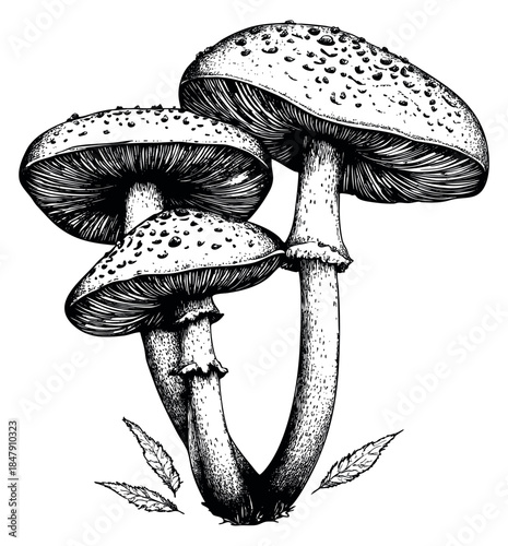 Vintage mushroom set with three fungi hand drawn outline illustration