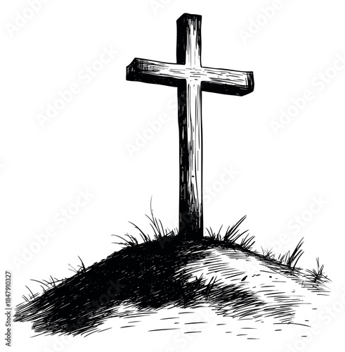 Vintage cross on hill illustration hand drawn sketch