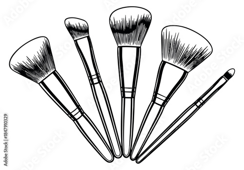 Makeup brush set with powder, contour and eyeshadow brushes hand drawn outline illustration