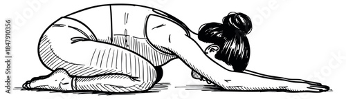 Woman in child pose yoga position hand drawn sketch