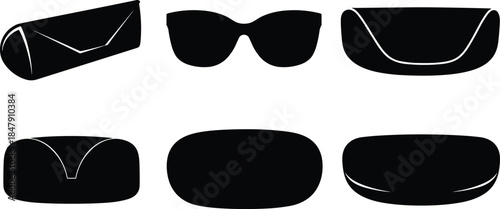 Eyeglass case silhouette, sunglasses vector, black eyewear storage illustration, optical accessory design, hard case shapes, stock image, isolated icons