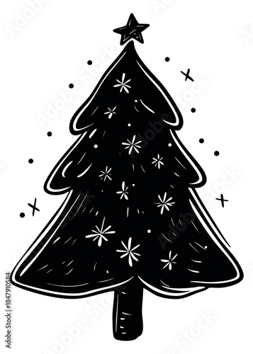 Simple christmas tree icon with star and snowflakes hand drawn outline illustration