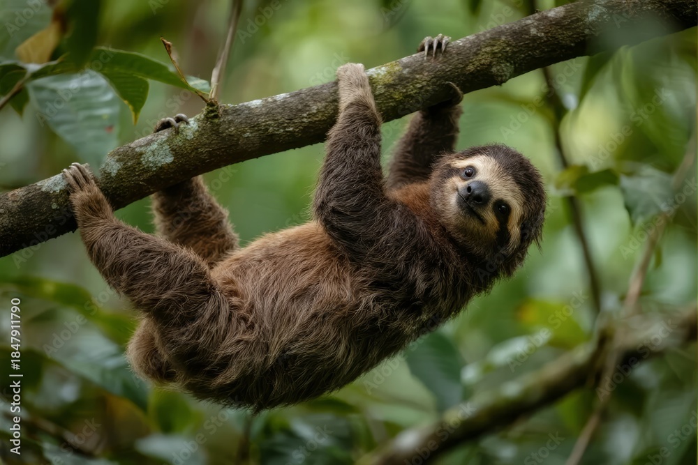 Obraz premium A sloth hanging from a tree branch in a lush forest environment