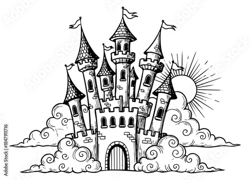 Vintage castle set with towers, flags and sun hand drawn outline illustration