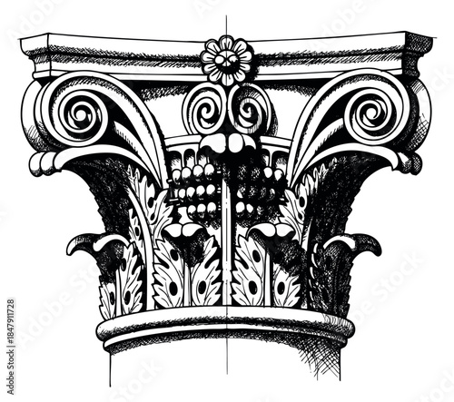 Vintage Corinthian column capital with acanthus leaves and scrolls black and white line art