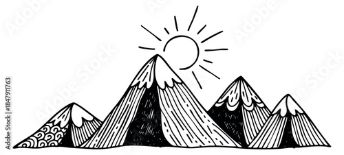 Mountain range set with sun black and white line art