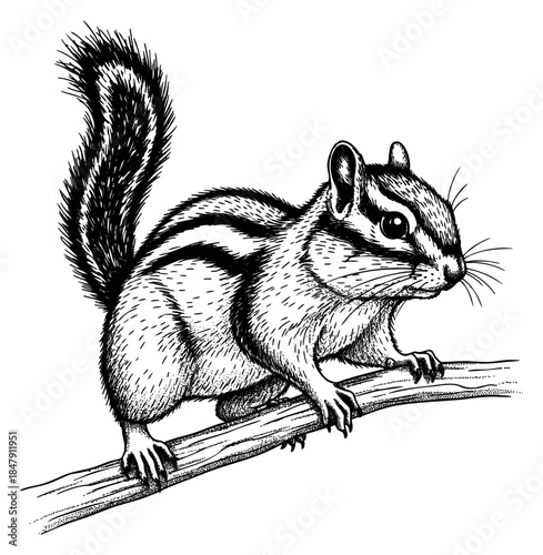 Black and white chipmunk illustration on branch hand drawn sketch