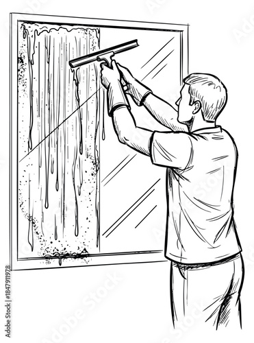 Hand drawn man cleaning window with squeegee black and white line art