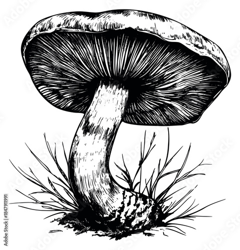 Vintage mushroom with stem and grass hand drawn outline illustration