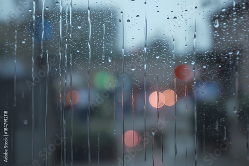 Rain on Window Glass with Water Droplets Background