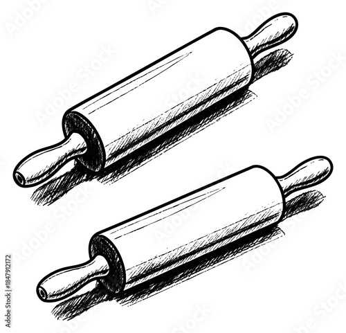 Vintage rolling pin set with handles hand drawn sketch