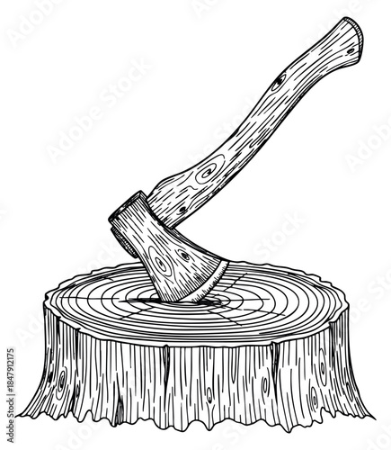 Hand drawn axe with tree stump illustration