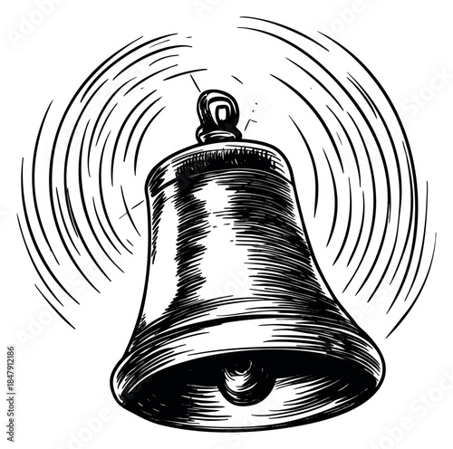 Vintage bell icon with ringing effect hand drawn outline illustration