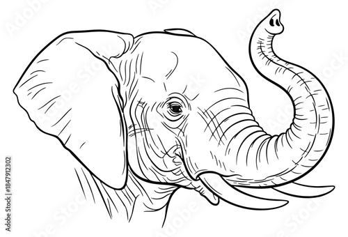 Elephant head illustration with trunk and tusks black and white line art
