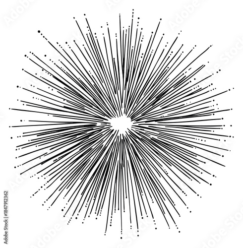 Abstract starburst icon with radial lines and dots black and white line art