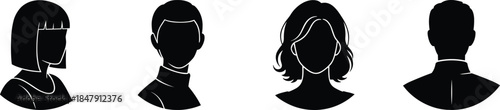 Black silhouette busts of diverse individuals, showcasing hairstyle variety, clothing styles, anonymity, and modern identity concepts in minimalist vector design