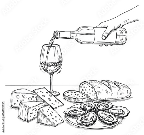 Hand drawn food set with wine, cheese, bread and oysters