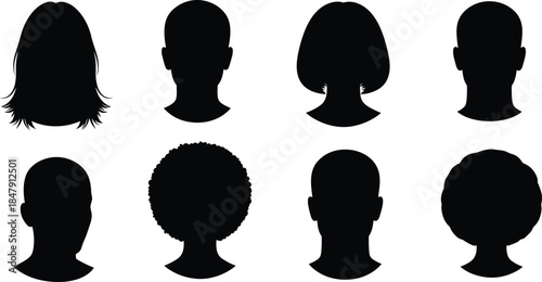 Black silhouette profiles of diverse human heads, showcasing hair textures, styles, and identity concepts in minimalist vector design for creative use