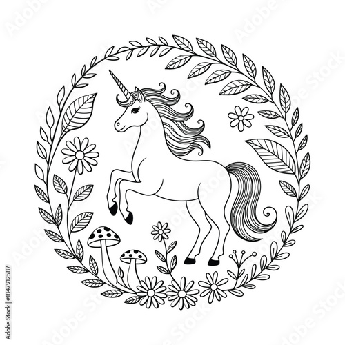 Beautiful unicorn surrounded by floral wreath and mushroom